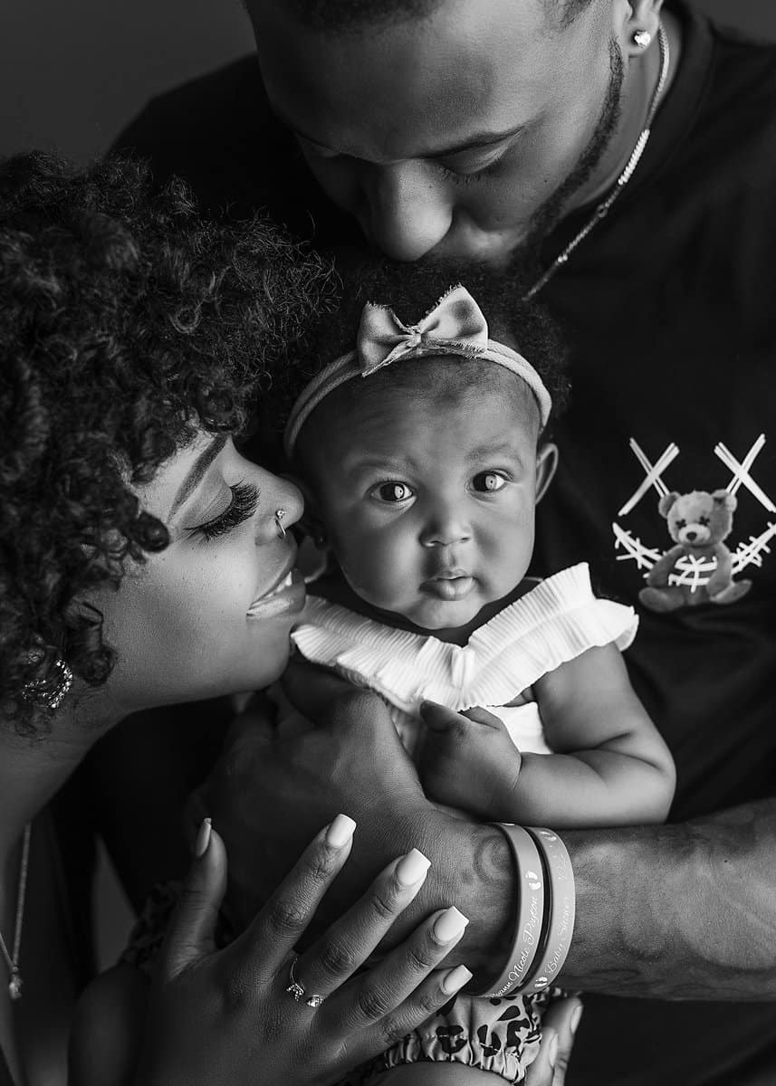 DSC_7205 baby milestone portrait in black and white. Mom and dad photographed with 3 month old baby girl, 3 month milestone sessions, baby photographer atlanta, marietta baby photographer, studio family photography