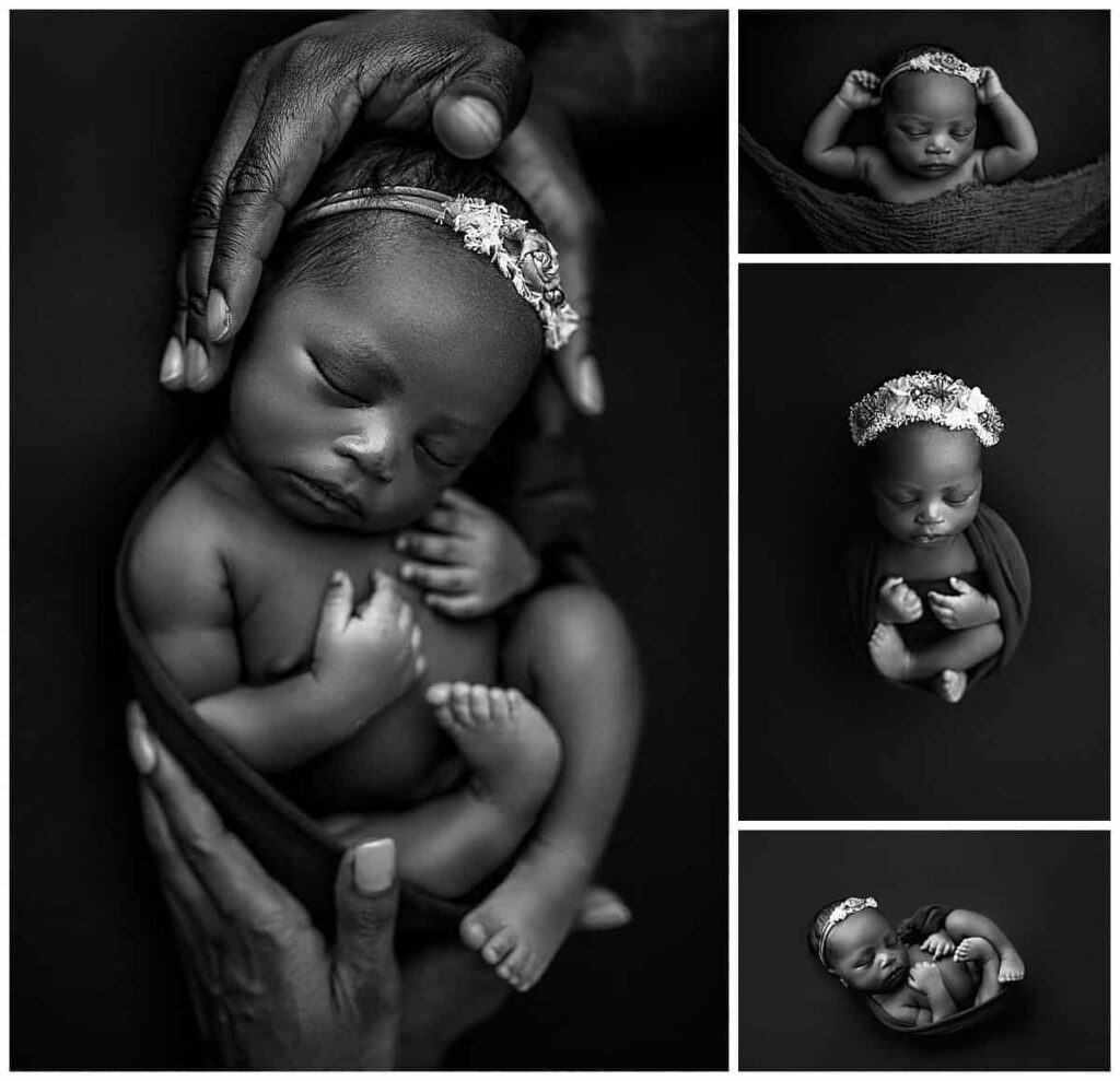 black and white newborn poses, baby photographed in black and white, baby in parents hands pose, timeless newborn portraits, baby photos near me, atlanta newborn photography