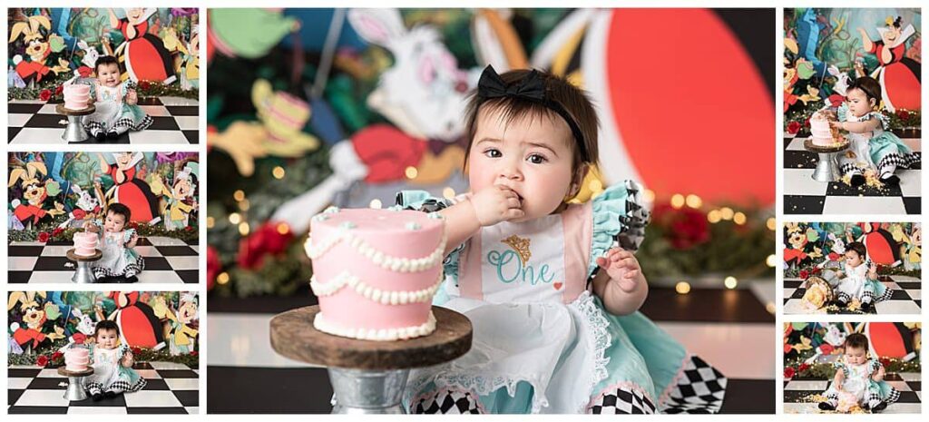 alice in onederland themed cake smash, themed cake smash session ideas, girl first birthday theme ideas, milestone photography, pink cake