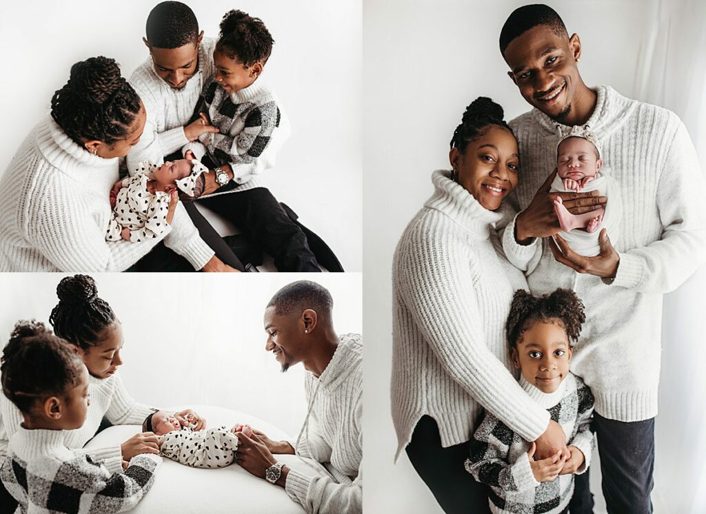 family posed in white studio with newborn baby for newborn photography session. Neutral colored newborn family session. Family photography in atlanta ga