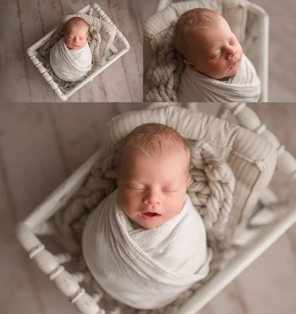 nebraska newborn photography, newborn photographer nebraska, lincoln newborn photoshoot, baby boy in bed prop for his newborn session in lincoln nebraska