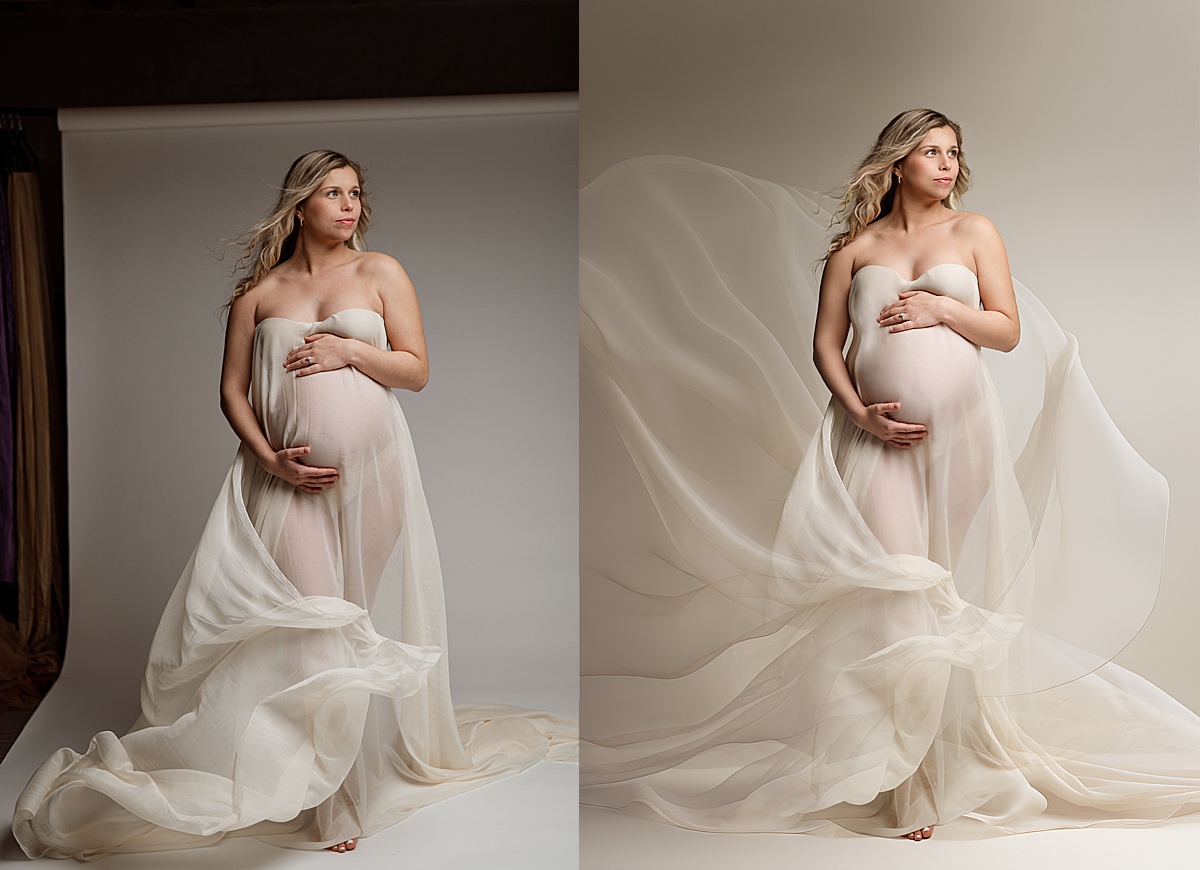 fine art editing, before and after studio editing, maternity photography editing, mom to be with fabric throwing for maternity session