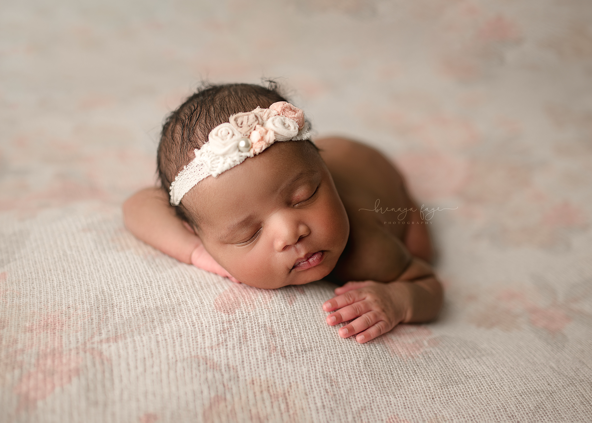final edit from newborn session, newborn baby girl, newborn tieback, floral backdrop newborn photography
