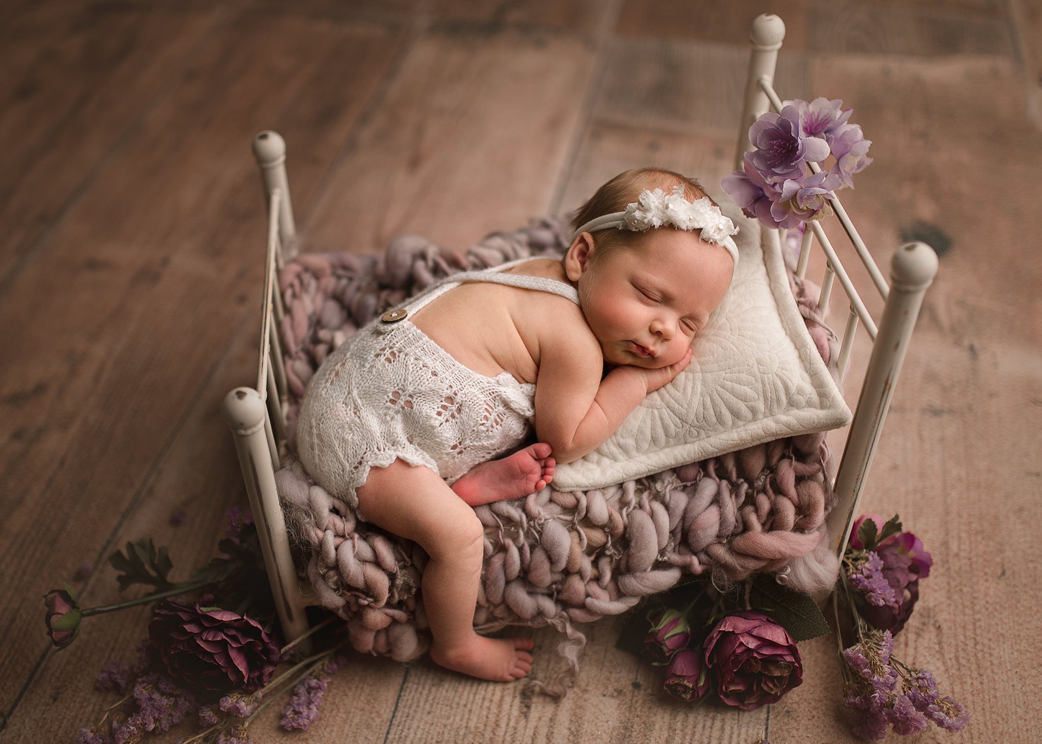 newborn girl with purple set up, purple newborn setup ideas, newborn girl, newborn knit outfit, nebraska photographer, newborn babygirl