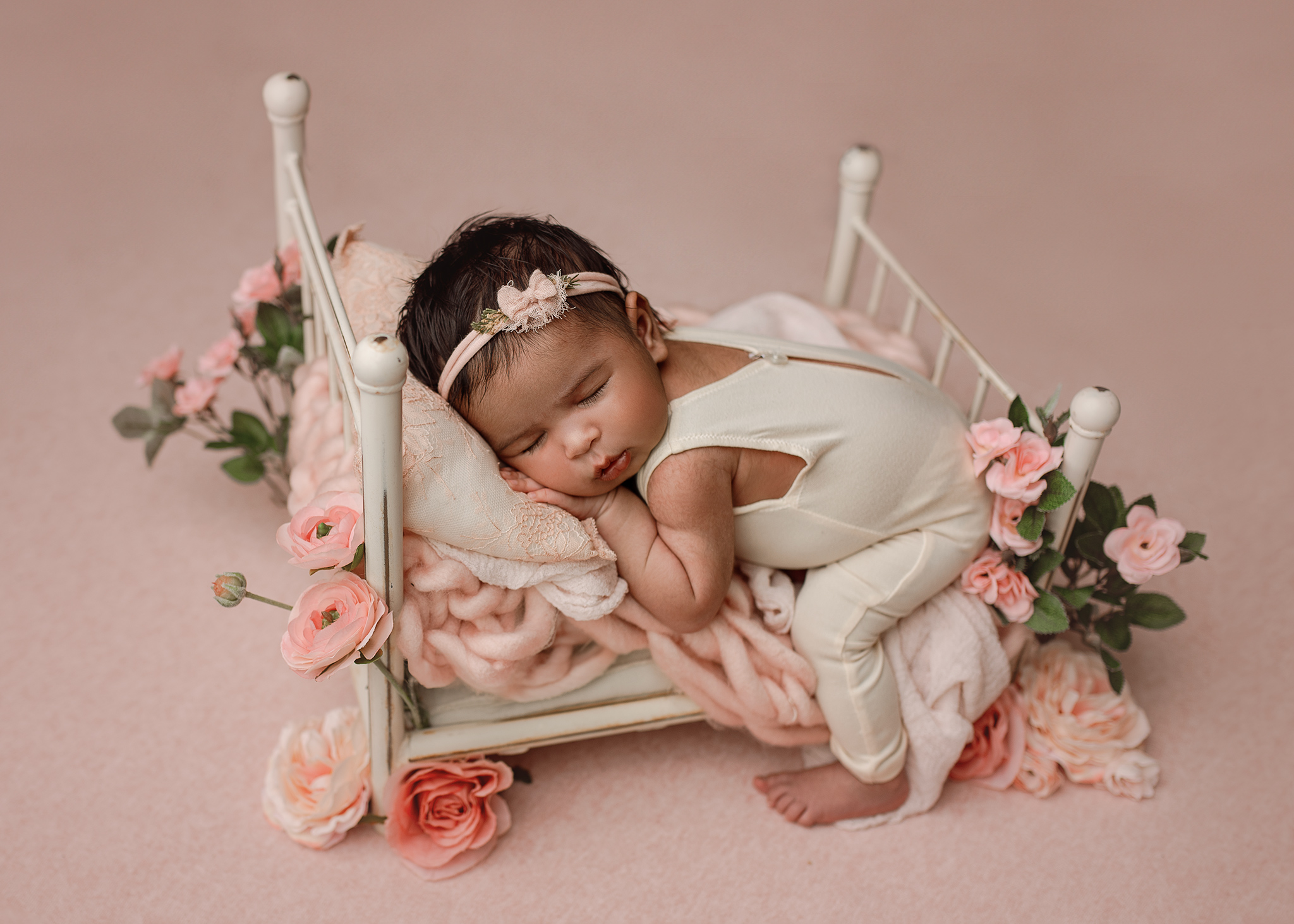 pink floral newborn photo ideas, tieback, newborn outfit, nebraska newborn photographer