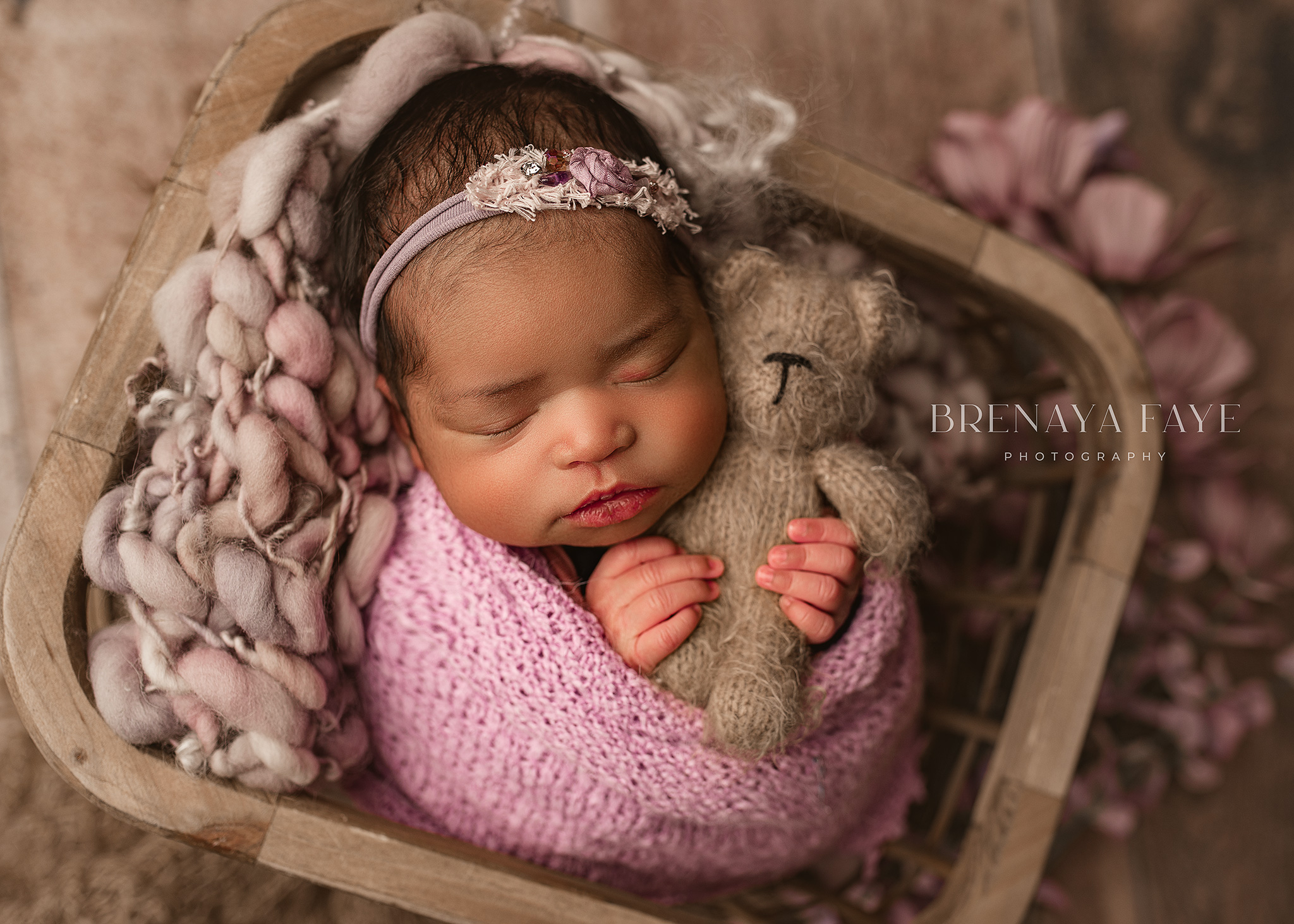 newborn photoshoot using purple, girl newborn poses, best props for newborns, newborn with bear, nebraska studio photography