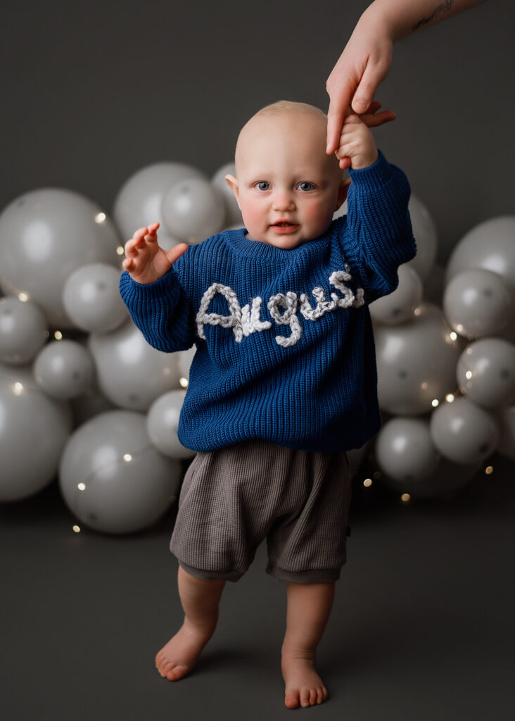 custom embroidered sweater, first birthday photoshoot, lafayette cake smash photography, mobile photographer