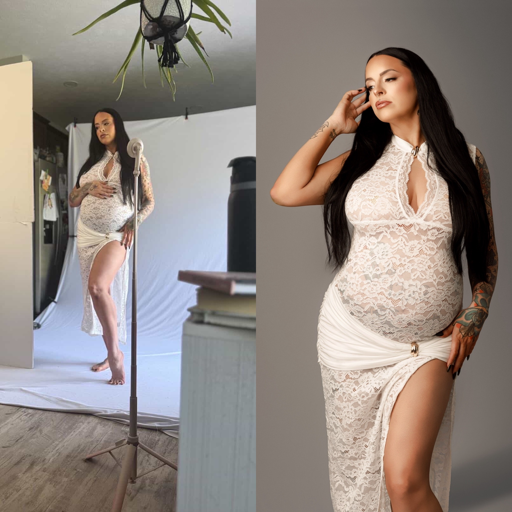 side by side images of photographer who captures studio maternity sessions in Indianapolis homes. This